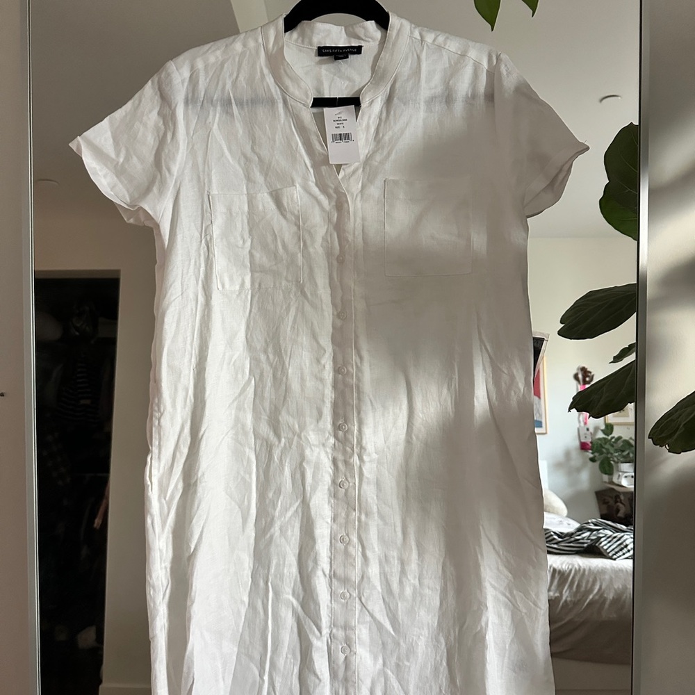 Saks Fifth Avenue linen White Button-Down Shirt Dress